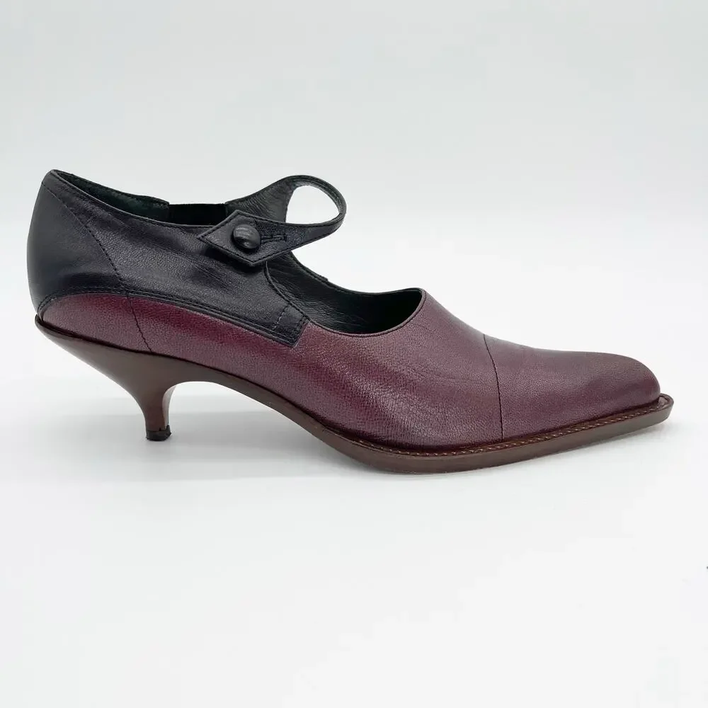 Miu Miu 90s Vintage Burgundy Black Leather Mary Jane Kitten Heel Pumps IT 37.5